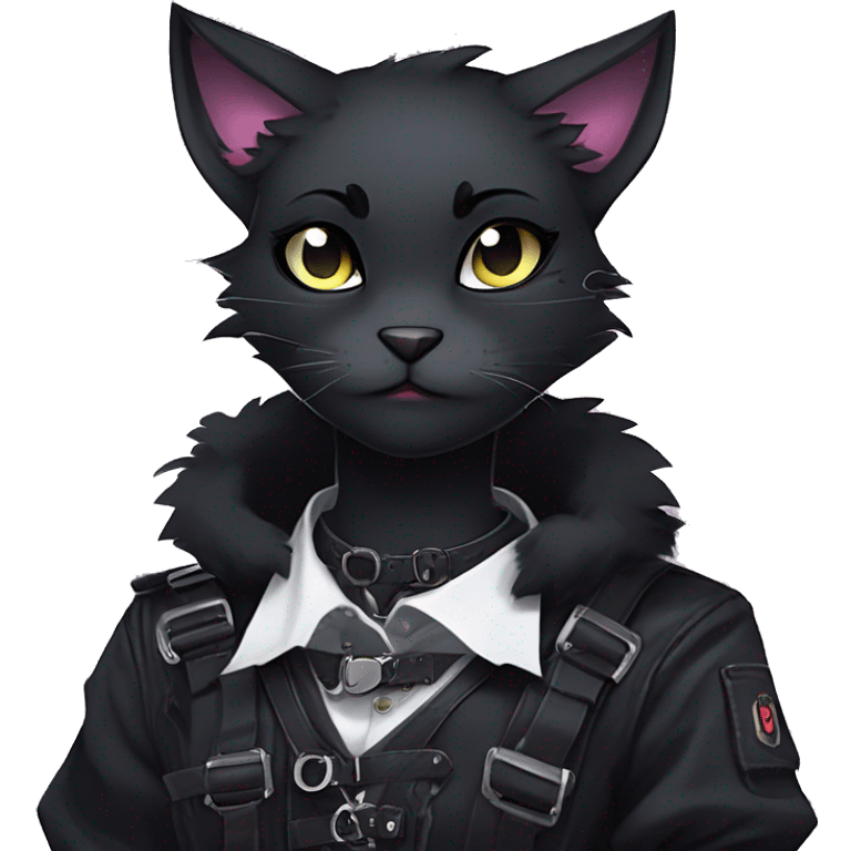 Gorgeous furry gothic dark techwear anime style anthro black cat furry sona Fakemon with blushing face aesthetic and pretty edgy black with collar and harness trending style emoji