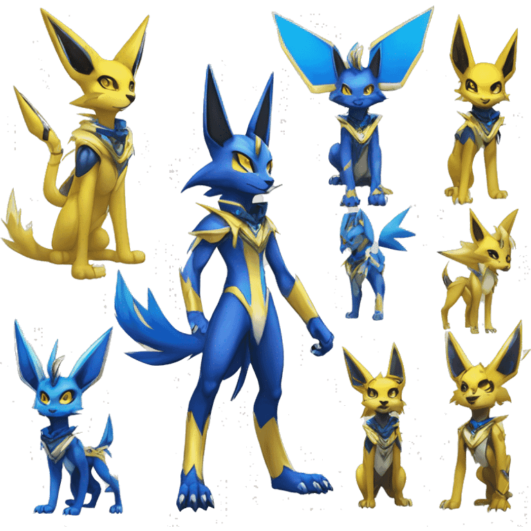 Yellow Shiny Colorful Anthro Edgy Cool Sonic-Zeraora-Anubis-Renamon-Jolteon-Pokémon-Fakémon with shiny blue markings Full Body Detailed High Quality  emoji