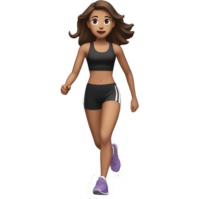 Running slim girl, white skin, brown hair, black sports bra, black shorts, lilac trainers emoji