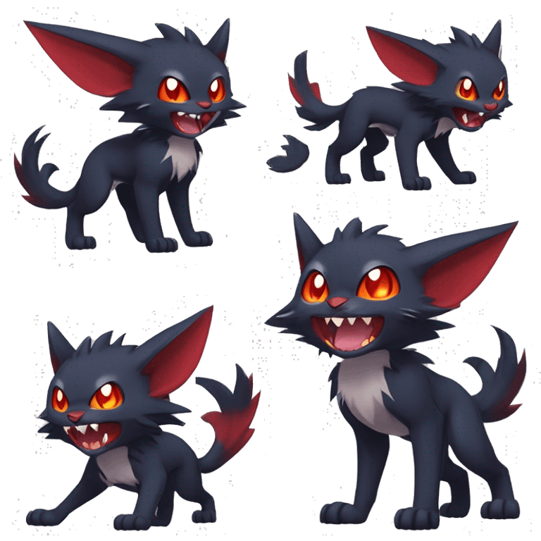   cool cute fantasy anime-style dark animal vampiric Litten-Zoroark-Nargacuga-cat-hybrid Fakemon with big fangs and bat-ears full body emoji