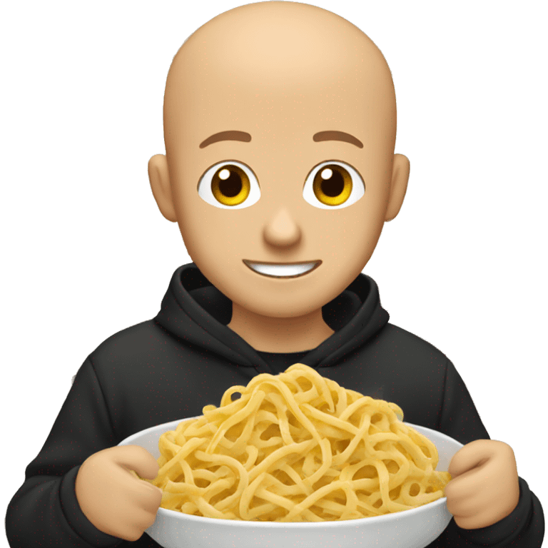 bald man eating pasta wearing a black hoodie emoji