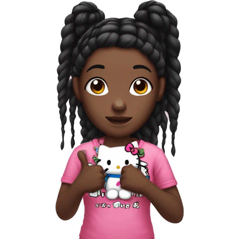 A dark skin girl with black braids and a hello kitty shirt holding a thumbs ip emoji