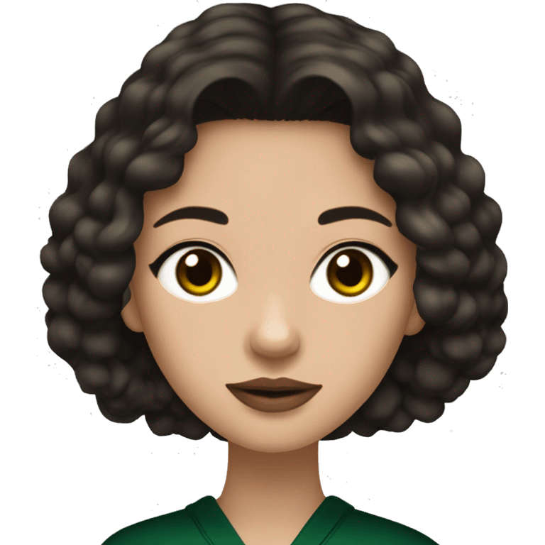 A girl with medium skin tone, dark brown shoulder length wavy hair, dark brown eyes, black nails, dark green sweater, black nails, eating sushi with chopsticks emoji