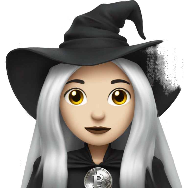 Goth witch with bitcoin, cute, white skin, white long hair emoji