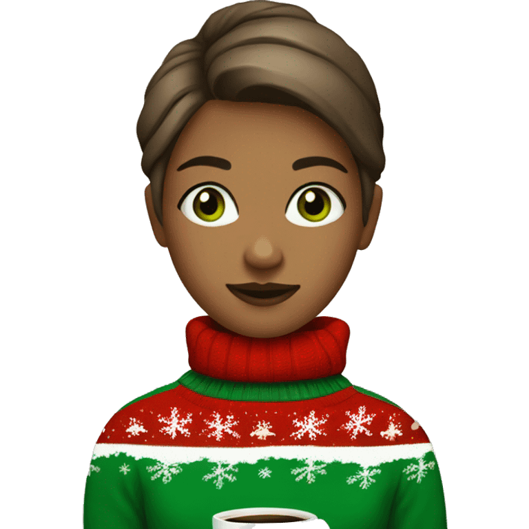 Short haired light brown girl with green eyes drinking coffee wearing Christmas sweater emoji