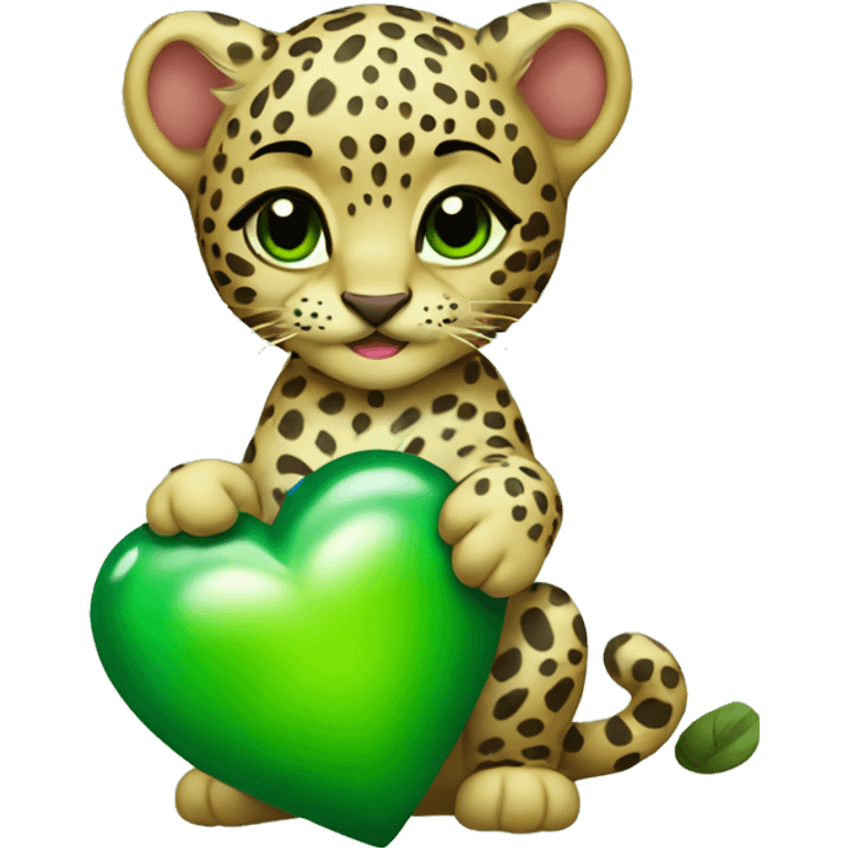 Baby leopard holding a green heart emoji