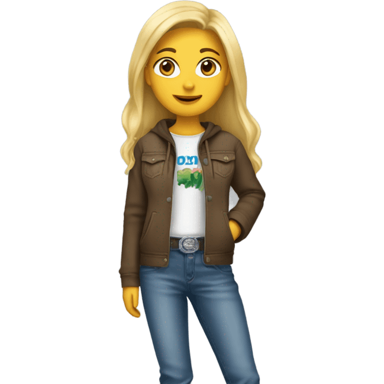 Blonde girl wearing square toe cowboy boots and jeans with a hoodie emoji