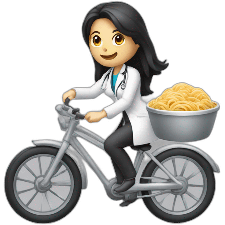 long and dark hair female doctor riding a shiny bicycle with a ramen bowl in her hand emoji