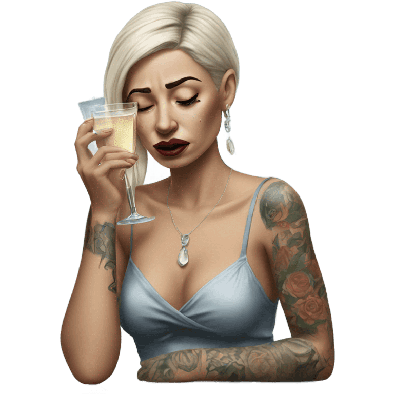 Hyper Realistic Beautiful tattooed woman crying sadly holding champagne  emoji