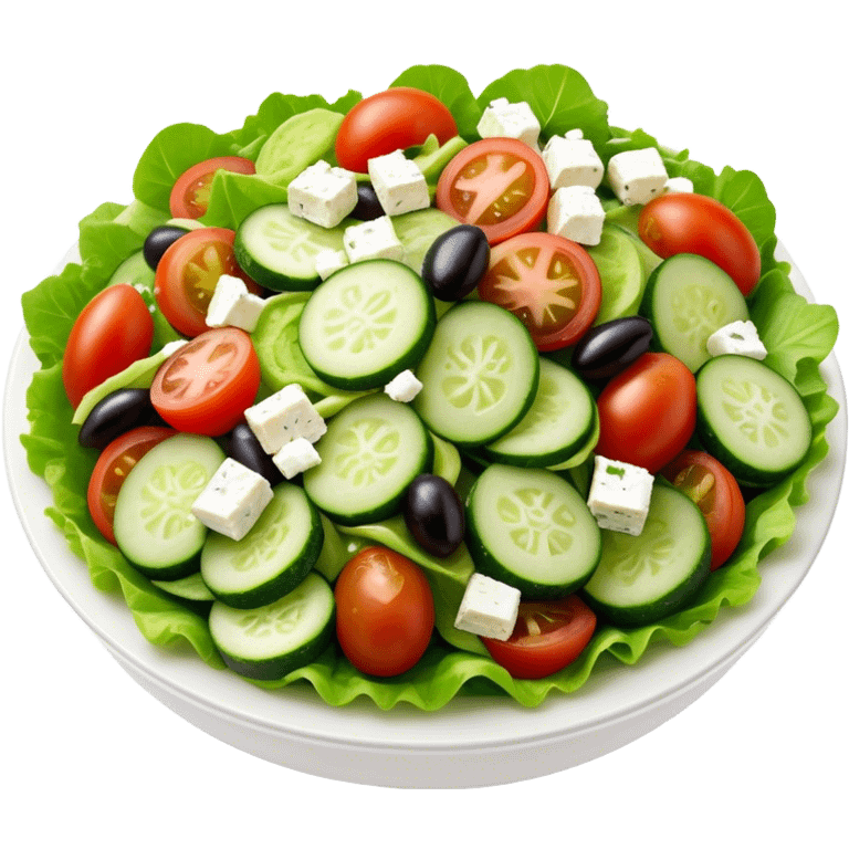 Cinematic Realistic Greek Salad Dish Emoji, depicted with crisp lettuce, tomatoes, cucumbers, olives, and feta cheese rendered with vibrant textures and fresh, natural lighting. emoji