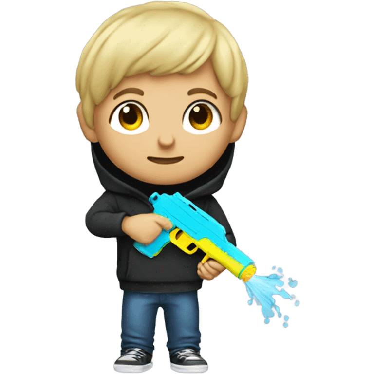 Dirty blonde haired boy wearing a hoodie with a water gun emoji