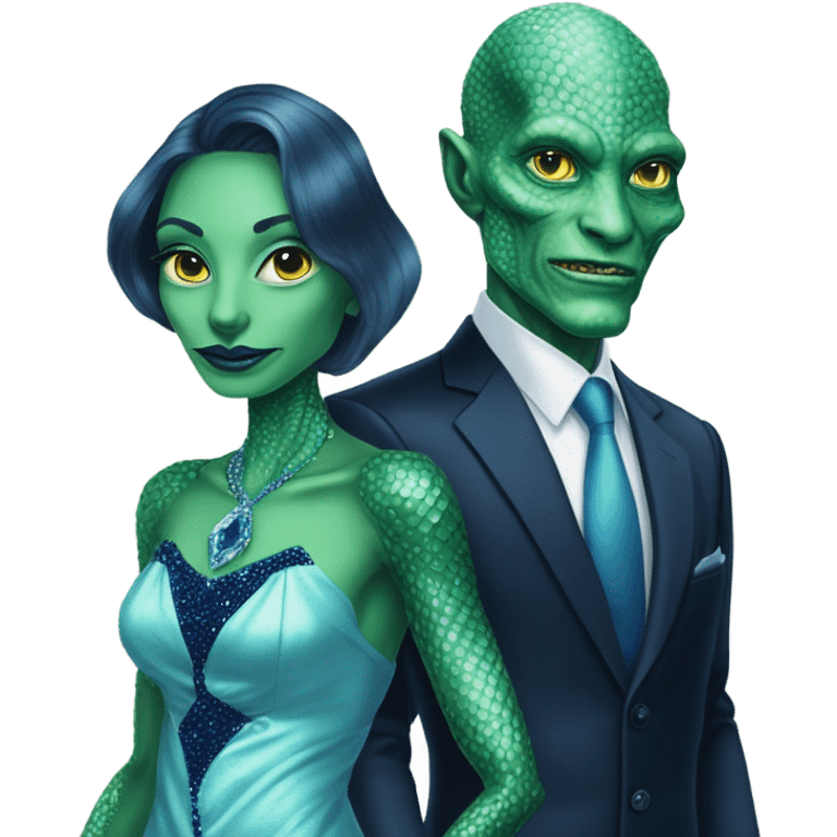 reptilian alien green skin woman, in long slim pastel blue formal party satin dress with gradient shiny sparkling navy blue diamonds embroidered , and caucasian man in black dres emoji