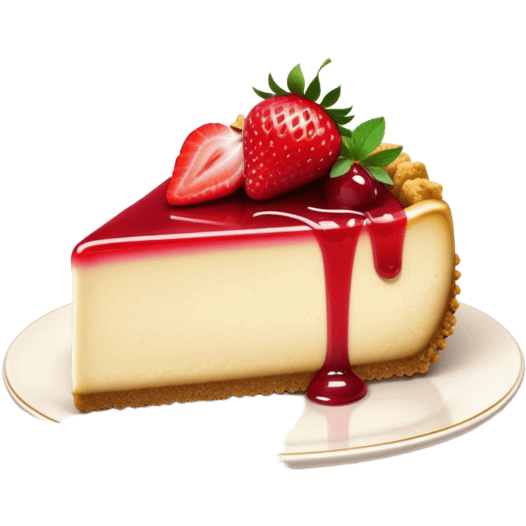 Cinematic creamy cheesecake, smooth and velvety, topped with fresh strawberries and a glossy fruit glaze, golden crumbly crust, beautifully plated, soft glowing background, indulgent and elegant. emoji