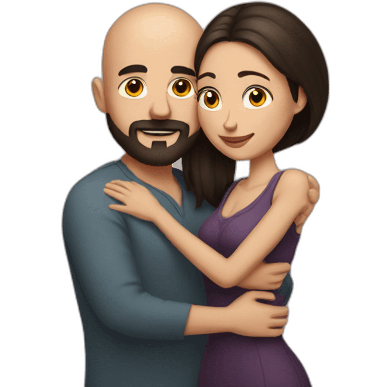 Intimate bald man beard hugging short dark hair woman emoji