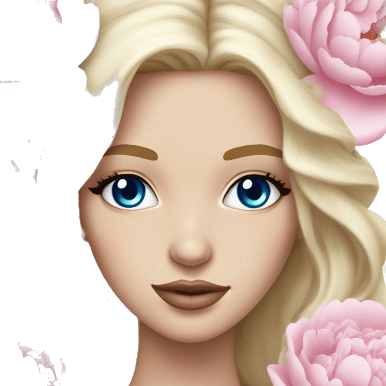 White bride with long light blonde hair and blue eyes with light pink peonies in hair white skin light pink lips emoji