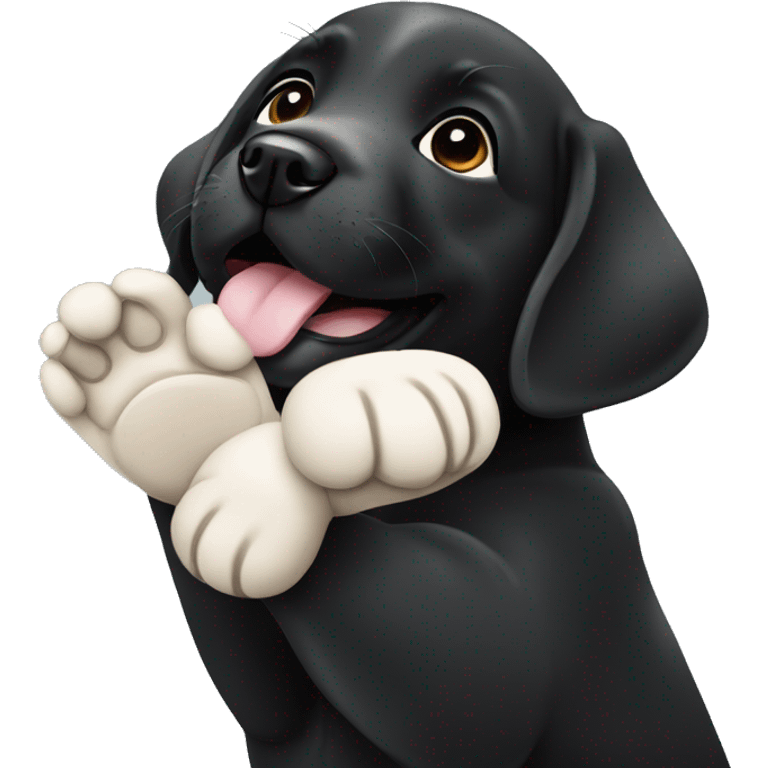 sitting black labrador puppy makes high five with one paw emoji