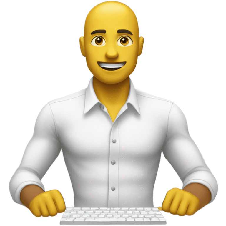 yellow skin man using white keyboard on desk wearing white button down shirt front view emoji