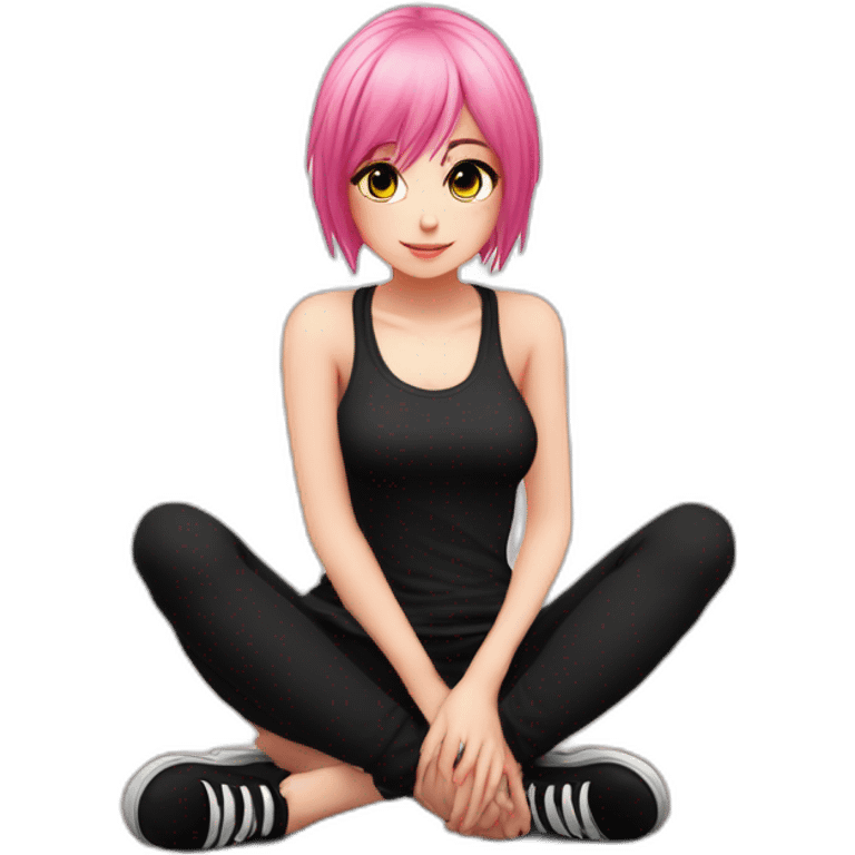 Full body Front view curvy emo girl pink hair sits on the floor straight view hands up black skirt белые трусики полосатые рваные чулки emoji