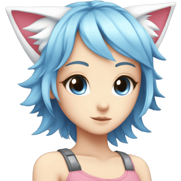 anime girl, fox ears, different eye color one blue eye, one white eye,  blue hair, pink hair emoji