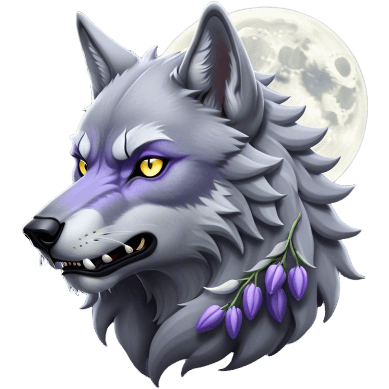 Cinematic Noble Werewolf Portrait Emoji, Formidable and majestic, with a powerful lupine silhouette in moonlit grays and silvers, featuring piercing, wise eyes and a dignified snarl that hints at untamed strength, simplified yet intricately detailed, glowing with a soft, lunar outline that encapsulates the noble duality of feral instinct and loyal guardianship! emoji