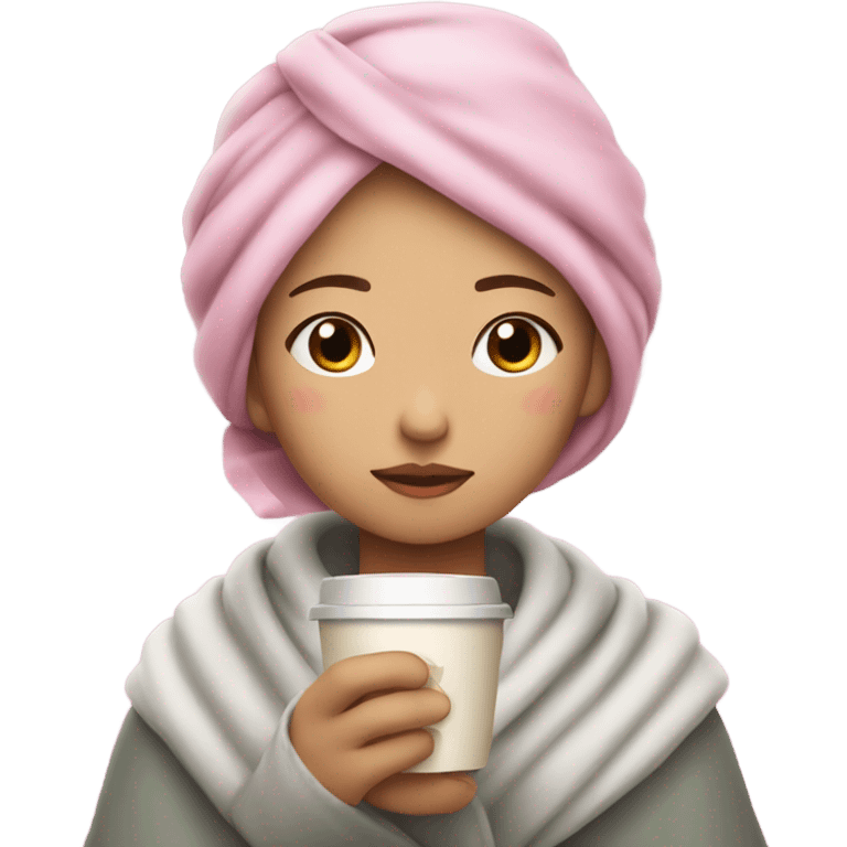 Asian girl inside a blanket sipping coffee eyes closed pink hair emoji