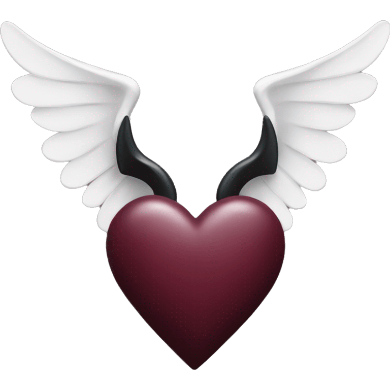 burgundy coloured heart with black horns and a black pointed tail with white angel wings emoji