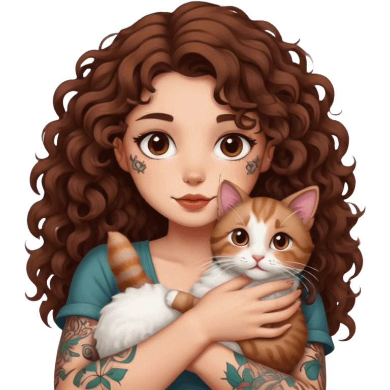 girl with tattoos and curly hair holding a cat emoji