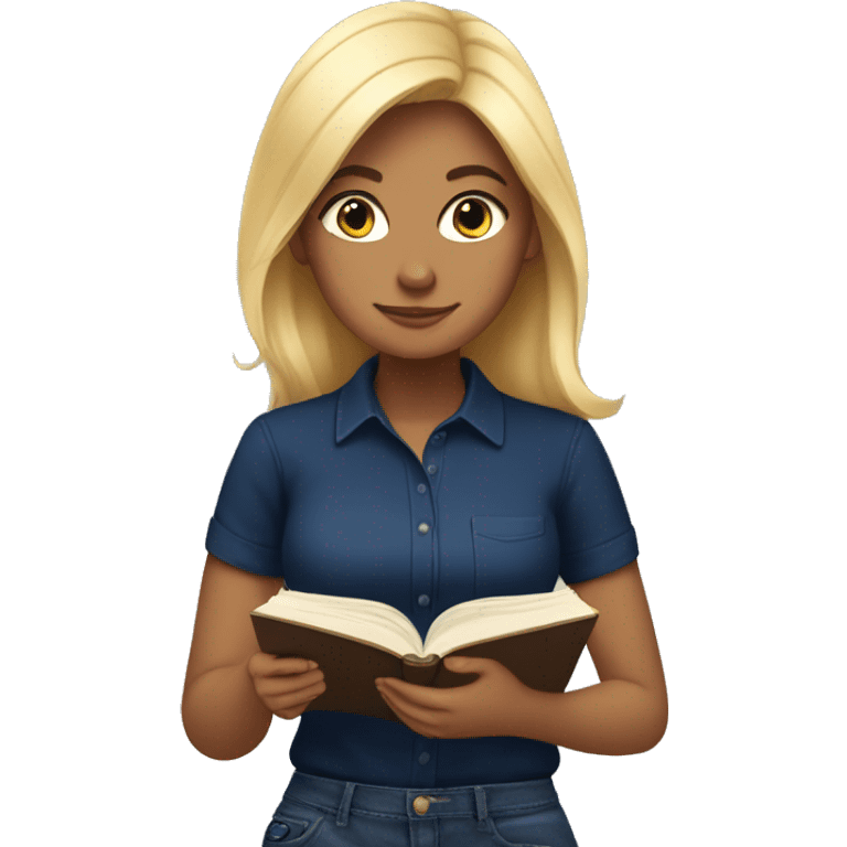 blonde beautiful girl with a navy blue shirt reading a book emoji