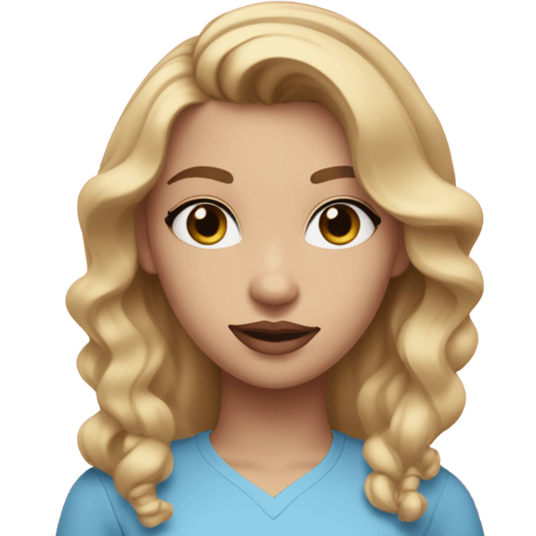 I 21 year old girl with warm blonde hair and blue eyes in a pink shirt. She has makeup on and pink lipstick on emoji