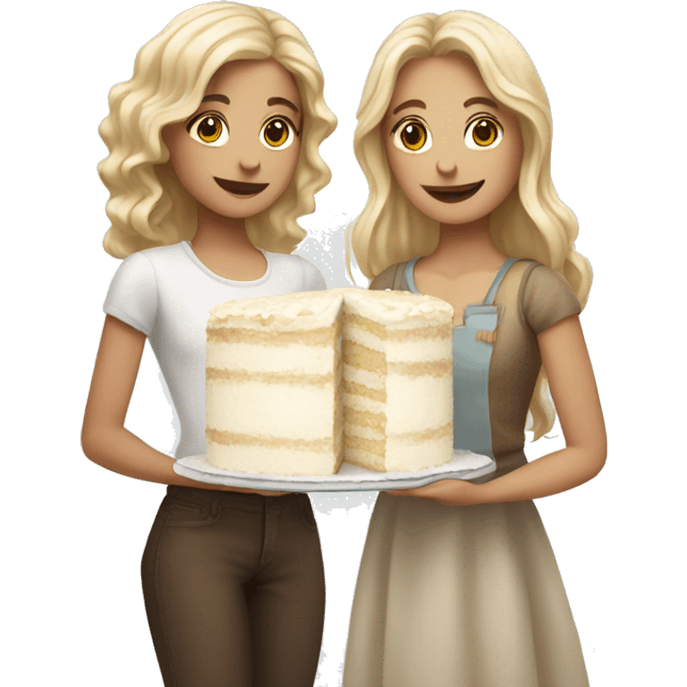 Blond wavy girl and brown straight hair girl together holding big white cake emoji