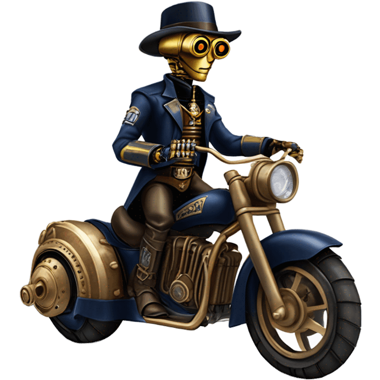 Bounty hunter C-3PO wearing a pair of navy-blue rimmed steampunk goggles, hat, leather chaps, fringe jacket riding a fast sporty 3 wheeler trike steampunk motorcycle in desert town  emoji