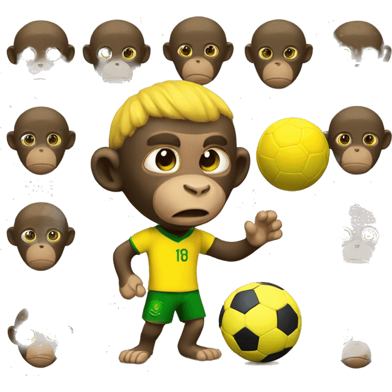 Make a monkey in Brazil national team soccer gear playing with a soccer ball and crying at the same time.  emoji