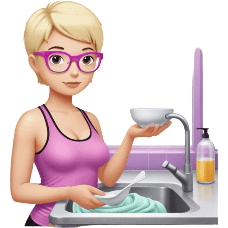 Thick fair skinned woman, short blond hair, small light purple reading glasses, washing dishes, SFW sheer pink tank top, without undergarments showing natural breast shape SFW, black yoga pants, thick booty emoji