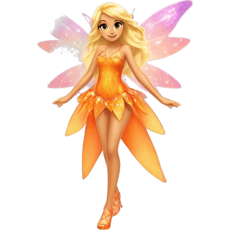 Stella adult latina fairy of nature in her enchantix fairy orange two piece clothing and fairy enchantix wings and long blonde hair from winx club. Lots of sparkles and fairydust. Full body and full fairy bliss emoji