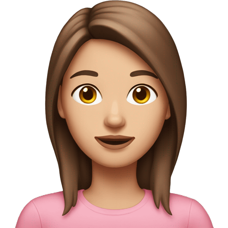 A woman with straight brown hair and a pink cat emoji