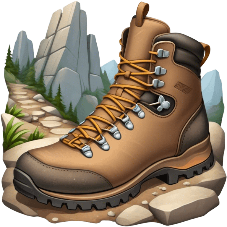 Cinematic Realistic Hiking Boots, well-worn leather boots resting on a rocky trail, scuffed edges and dirt-speckled laces adding character, glowing softly under the dappled sunlight filtering through the trees. emoji