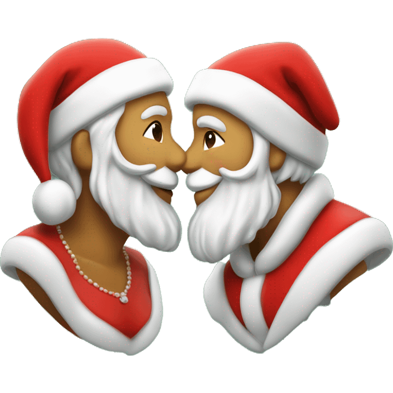 Mr and Mrs Claus under the mistletoe kissing emoji