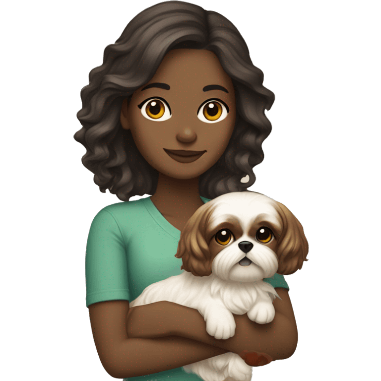 Young dark brunette medium kin hair woman with a golden shih tzu in her arms long wavy hair emoji