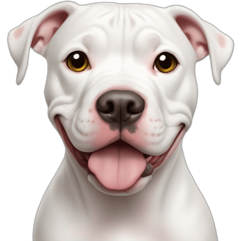 Cachorra pitbull blanca con manchas cafés en los ojos haciendo la señal de puñito emoji