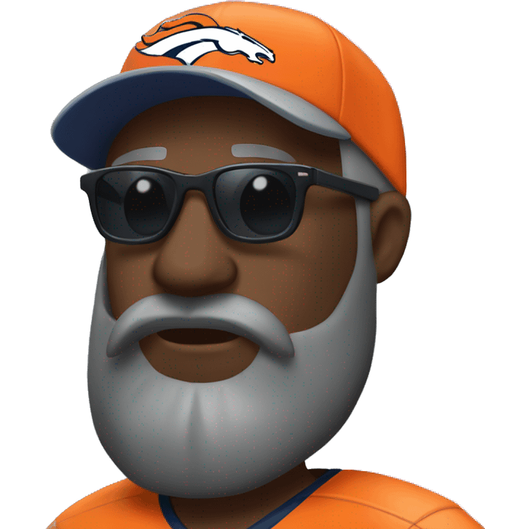 Bald black guy head only dark grey long beard wearing Denver broncos cap and Jersey and sunglasses  emoji