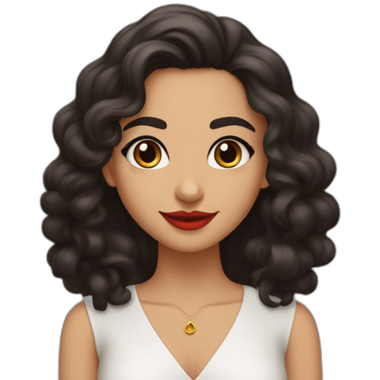 young moroccan woman with dark brown eyes, dark long curling hair with lighter extrimity, red lips, big smile, black dress emoji