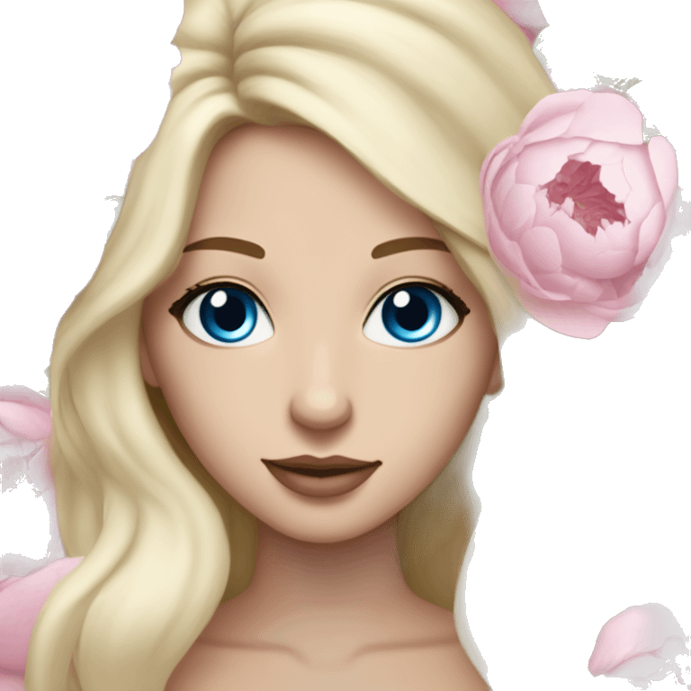 White bride with long light blonde hair and blue eyes with light pink peonies in hair white skin  emoji