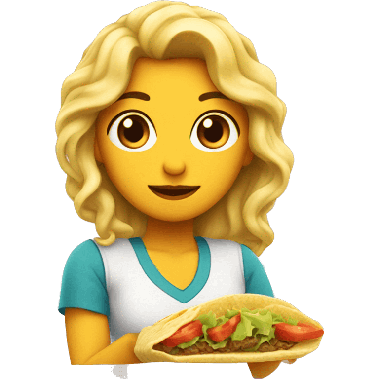 chica linda con pelo ondulado largo, comiendo un taco emoji