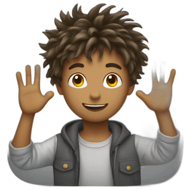 boy waving with messy hairs hand emoji