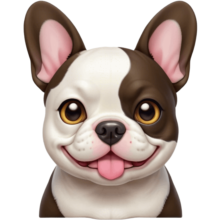 Cinematic Cute Pied French Bulldog Portrait Emoji, Head tilted with a sweet, mischievous grin and large, inviting eyes, featuring a unique pied fur of contrasting colors, simplified yet irresistibly endearing, highly detailed, glowing with a warm, playful radiance, high shine, exuding a quirky charm and affectionate personality, styled with a soft, lighthearted outline, capturing the essence of a cute Pied French Bulldog that looks ready to charm its way into your heart! emoji