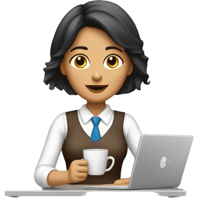 mujer morena con un café trabajando en una computadora  emoji