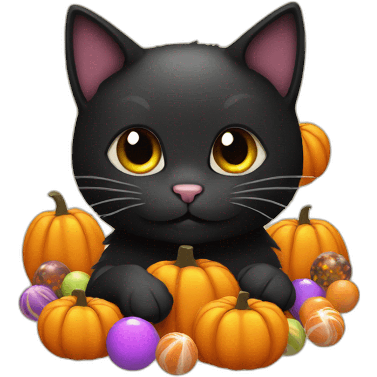 black halloween cat with a pumpkin full of candies emoji