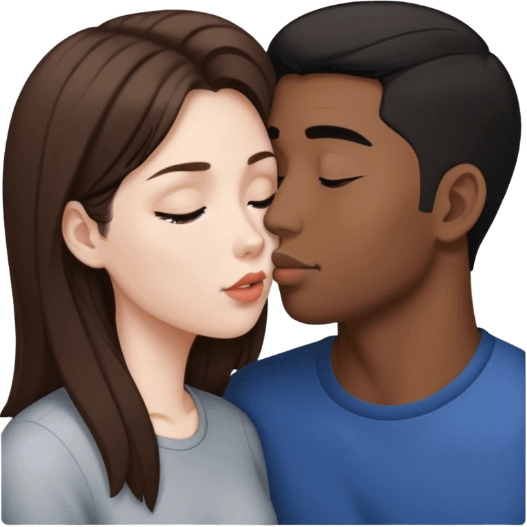 Brown haired white girl kissing black haired Asian man emoji