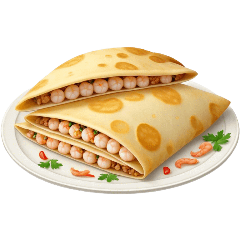 Bánh Xèo Cinematic Realistic Bánh Xèo Dish Emoji, depicted as a crispy, folded semi circle crepe filled with tiny shrimp and pork, rendered with dynamic textures and vibrant, appetizing lighting. emoji