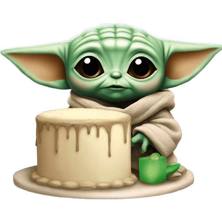 baby yoda with a cake and a balloon emoji